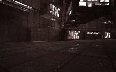 Empty abstract room interior of sheets rusted metal and concrete. Architectural background. 3D illustration and rendering