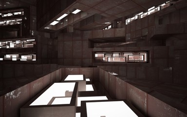 Empty abstract room interior of sheets rusted metal and concrete. Architectural background. 3D illustration and rendering