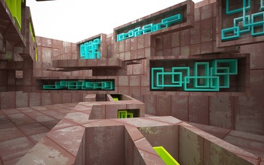 empty abstract room interior of sheets rusted metal with glossy colored objects. Architectural background. 3D illustration and rendering