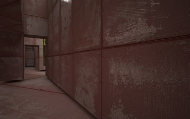 empty abstract room interior of sheets rusted metal with glossy colored objects. Architectural background. 3D illustration and rendering