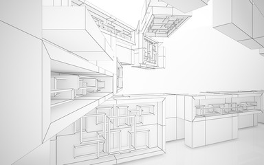 Abstract white interior highlights future. Polygon drawing . Architectural background. 3D illustration and rendering