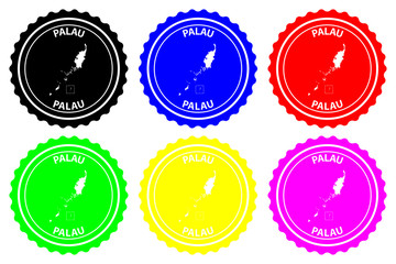 Palau - rubber stamp - vector, Republic of Palau island (Belau, Palaos, or Pelew) map pattern - sticker - black, blue, green, yellow, purple and red