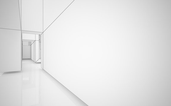 Abstract white interior highlights future. Polygon drawing . Architectural background. 3D illustration and rendering