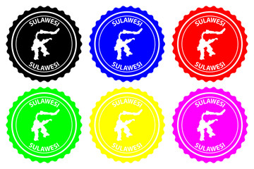Obraz premium Sulawesi - rubber stamp - vector, Celebes map pattern - sticker - black, blue, green, yellow, purple and red