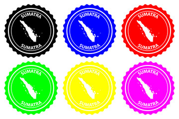 Sumatra - rubber stamp - vector, Sumatra map pattern - sticker - black, blue, green, yellow, purple and red
