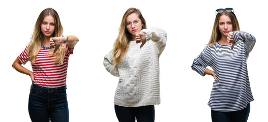 Collage of young beautiful blonde woman over isolated background looking unhappy and angry showing rejection and negative with thumbs down gesture. Bad expression.