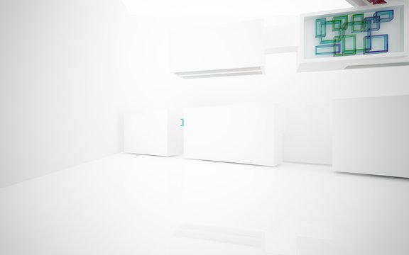 abstract architectural interior with white sculpture and geometric glass lines. 3D illustration and rendering