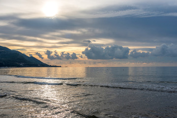 Sunset Light Reflected on the Beach Along the Southern Mediterranean Italian Coast