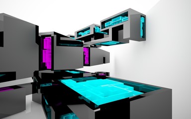 Abstract dynamic interior with black and colored objects. 3D illustration and rendering