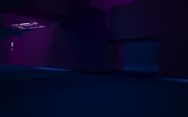 Abstract interior of the future in a minimalist style with violet sculpture. Night view from the backligh. Architectural background. 3D illustration and rendering