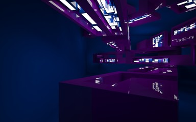 Abstract interior of the future in a minimalist style with violet sculpture. Night view from the backligh. Architectural background. 3D illustration and rendering