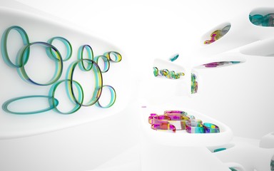 Fototapeta premium Abstract dynamic interior with white smooth objects and colored glass lines. 3D illustration and rendering