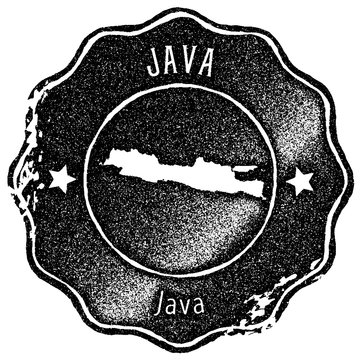 Java map vintage stamp. Retro style handmade label, badge or element for travel souvenirs. Black rubber stamp with island map silhouette. Vector illustration.