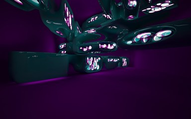 Abstract interior of the future in a minimalist style with violet and green sculpture. Night view from the backligh. Architectural background. 3D illustration and rendering