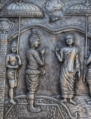 Thai style silver carving art on temple wall , Wat Srisuphan ,Chiang Mai, Thailand.