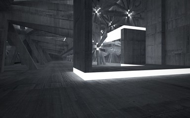 Empty dark abstract concrete room interior with white sculpture. Architectural background. Night view of the illuminated. 3D illustration and rendering