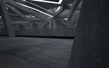 Empty dark abstract concrete room interior with white sculpture. Architectural background. Night view of the illuminated. 3D illustration and rendering