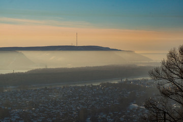 river, mountain, water, fog, sky, valley, sunset