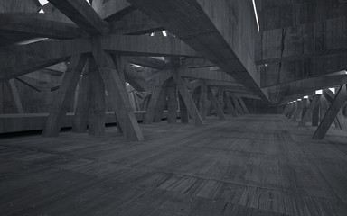 Empty dark abstract concrete room interior with white sculpture. Architectural background. Night view of the illuminated. 3D illustration and rendering