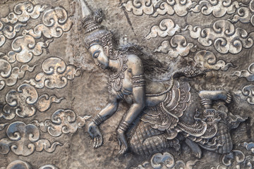 Thai style silver carving art on temple wall , Wat Srisuphan ,Chiang Mai, Thailand.