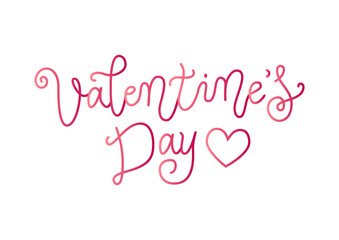 Modern calligraphy lettering of Valentines day in mono line style in pink gradient decorated with heart isolated on white background for decoration, poster, banner, valentine, greeting card, postcard