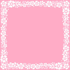 Pink square background with decorative frame of white flowers and leaves for decoration, invitation or wedding, poster, valentines day, valentine, lettering or text, advertising, flower shop, holiday