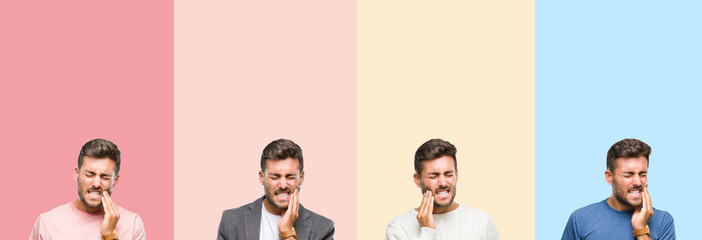 Collage of handsome young man over colorful stripes isolated background touching mouth with hand with painful expression because of toothache or dental illness on teeth. Dentist concept.