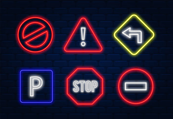 road signs neon. road signs vector. street road sign isolated