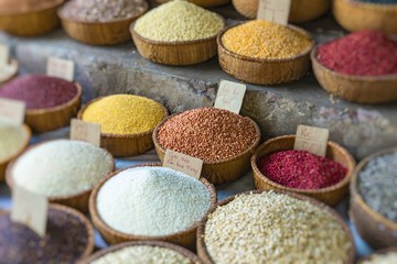 Various spices and seasoning at traditional street market in Hanoi. Spices background. Vietnamese spices. Street market in Vietnam, Asia.
