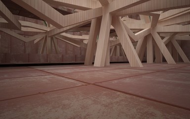 Empty abstract room interior of sheets rusted metal with wood and blue glass. Architectural background. 3D illustration and rendering