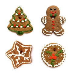 Christmas cookies. Set of traditional cookies sweet and cute Christmas tree decoration isolated on white background. Holiday cookie in shape of Christmas tree, star, gingerbread men and snowflake.