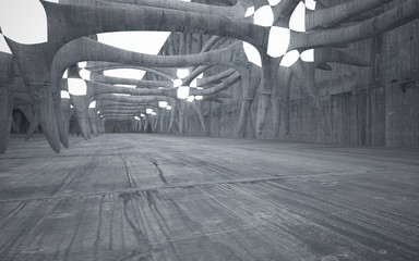 Empty dark abstract concrete room smooth interior. Architectural background. Night view of the illuminated. 3D illustration and rendering