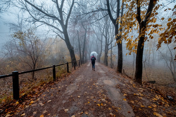 Fototapeta premium Autumn day woman walking with umbrella in mountain