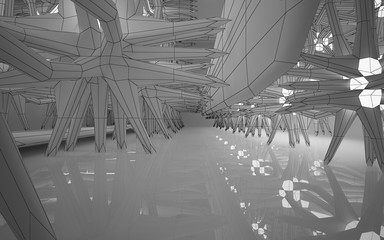 Abstract white interior highlights future. Polygon drawing . Architectural background. 3D illustration and rendering