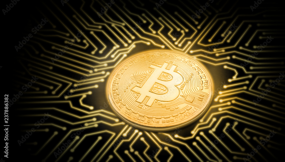 Poster gold bitcoin perspective view on glow computer circuit board on black background. illustrate technol
