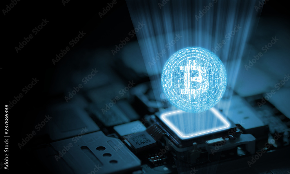 Poster bitcoin btc created from glowing binary text hologram from microchip on computer motherboard. 2d ill