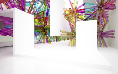 abstract architectural interior with gradient geometric glass sculpture with white lines. 3D illustration and rendering