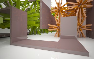 Abstract dynamic interior with brown and colored objects. 3D illustration and rendering