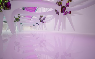 Abstract dynamic interior with white smooth objects and  colored glass lines. 3D illustration and rendering
