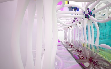 Abstract dynamic interior with white smooth objects and  colored glass lines. 3D illustration and rendering