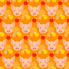 Happy new pig year seamless pattern. Cute pig background for new year greeting card, party invitation, new year holiday sale advertising, winter vacation travel poster, bag prrint, t-shirt etc.