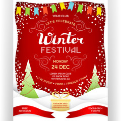 Poster for winter festival. Invitation flyer with paper cut effect snowdrift, gift and snowfall. - 237888377