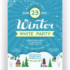 Poster for winter white party. Invitation flyer for ski resort.