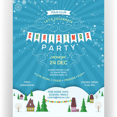Poster for Christmas party. Invitation flyer with colorful houses between snow-covered hills.