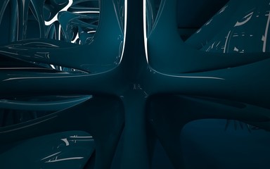 Abstract interior of the future in a minimalist style blue sculpture. Night view from the backligh. Architectural background. 3D illustration and rendering