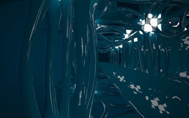 Naklejka na ściany i meble Abstract interior of the future in a minimalist style blue sculpture. Night view from the backligh. Architectural background. 3D illustration and rendering