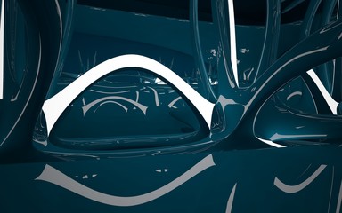 Abstract interior of the future in a minimalist style blue sculpture. Night view from the backligh. Architectural background. 3D illustration and rendering