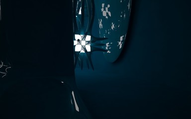Abstract interior of the future in a minimalist style blue sculpture. Night view from the backligh. Architectural background. 3D illustration and rendering
