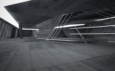 Fototapeta premium Empty dark abstract concrete room interior. Architectural background. Night view of the illuminated. 3D illustration and rendering