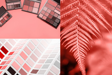 Creative collage in Living Coral color.New trend color of the 2019 year.